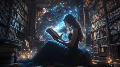 Woman Reading by Starlight in Library