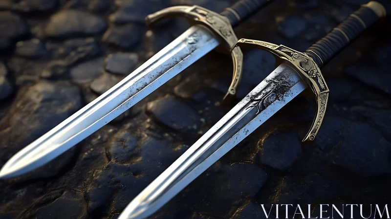Swords with Golden Hilt on Stone