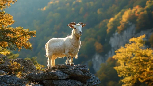 Goat on Rocky Mountain with Autumn Forest