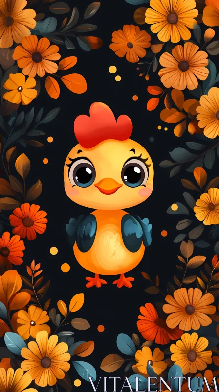 Cute Cartoon Chick with Orange Flowers