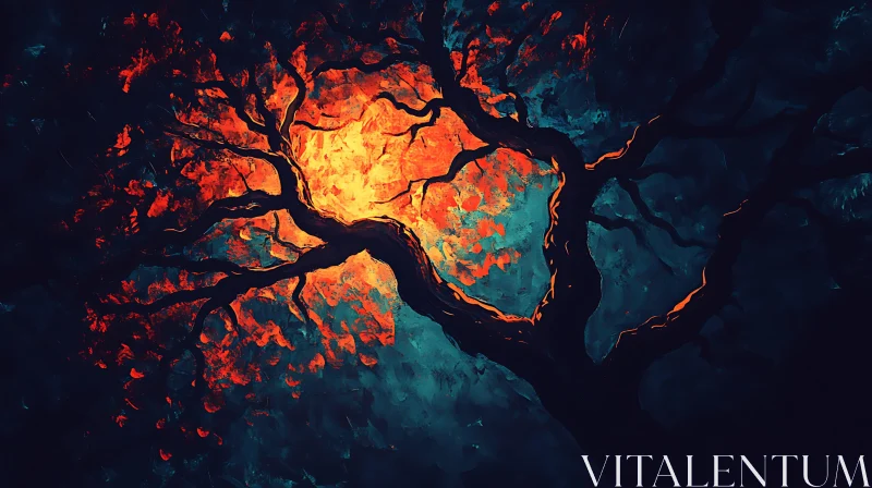 Mystical Tree Illuminated by Fiery Core at Night