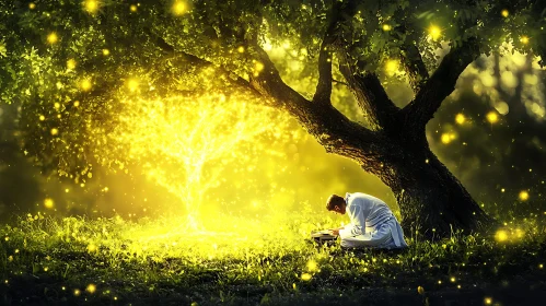 Man Reading Under a Glowing Tree