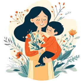Loving Mother with Child and Flowers Art