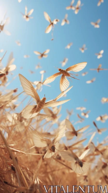 Butterflies in Flight: A Radiant Display in Light Beige and Gold AI Image