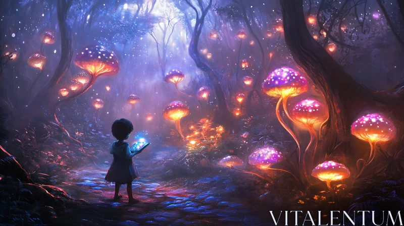 Child in Luminous Mushroom Forest