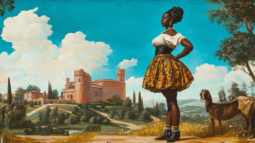 Lady in Field with Castle Backdrop