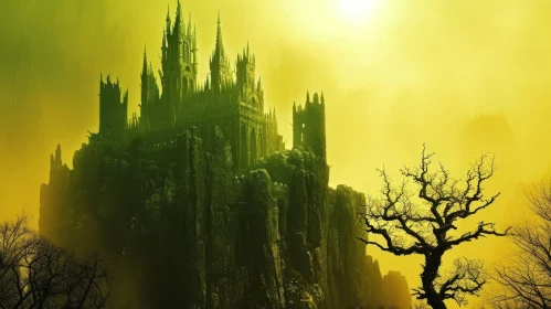 Dark Fantasy Landscape with an Imposing Castle on a Rocky Cliff