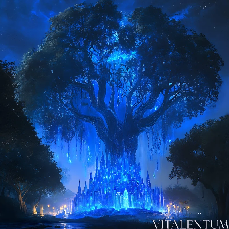 Night Fantasy: Glowing Castle and Ancient Tree