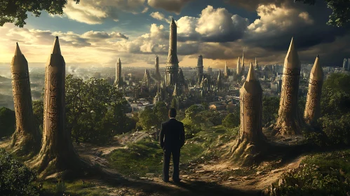 Man Contemplates a Futuristic City's Horizon