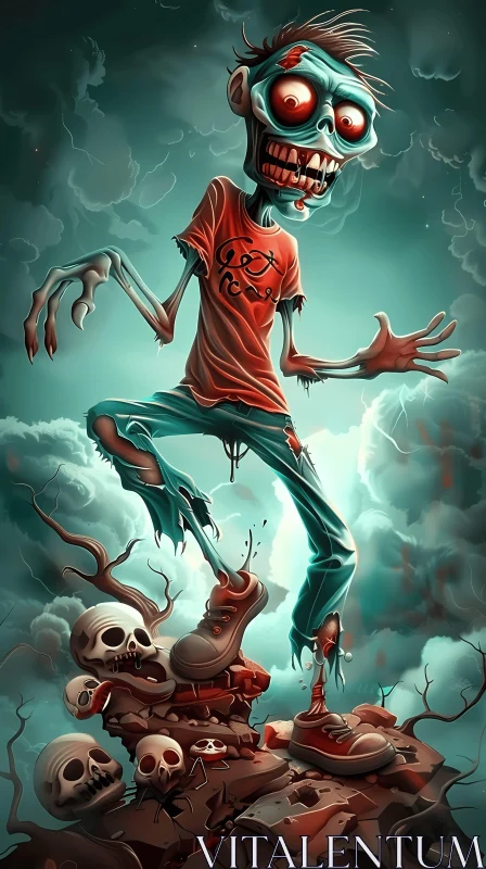 Digital Art: Zombie Ready for Attack under Stormy Sky AI Image