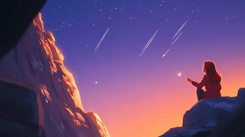 Starry Night Scene with Woman and Wand