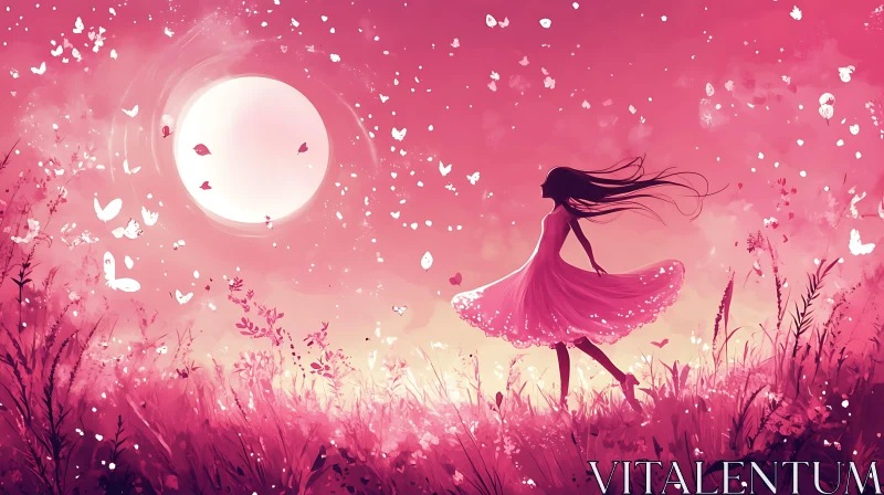 AI ART Serene Pink Landscape with Girl and Moon