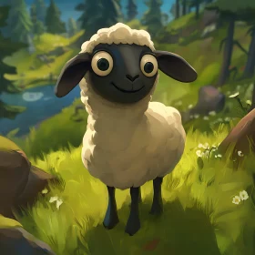 Cartoon Sheep in Grassy Field