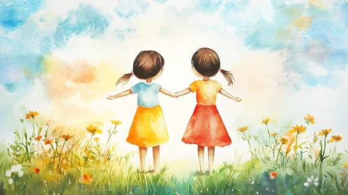Two Little Girls Holding Hands Artwork