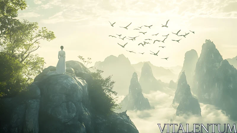 Serene Mountain Landscape with Woman and Birds