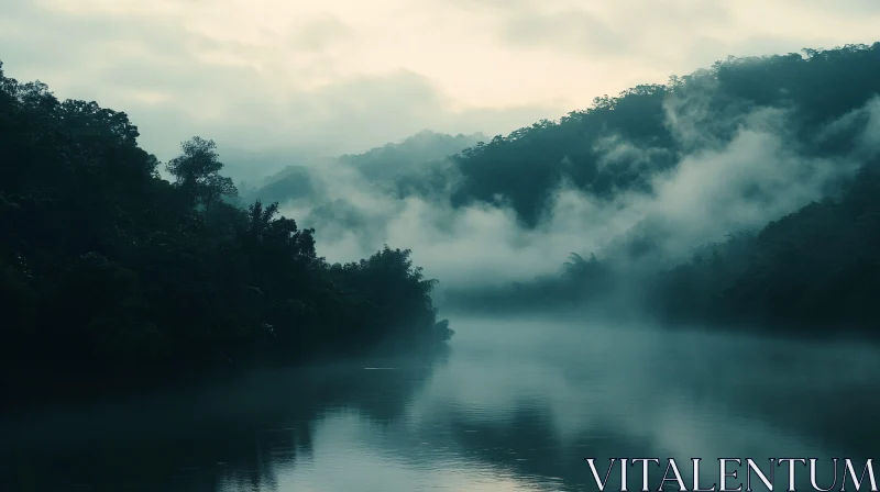 Misty Landscape of a Forest River AI Image