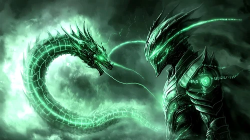 Mystical Dragon and Armored Warrior Confrontation