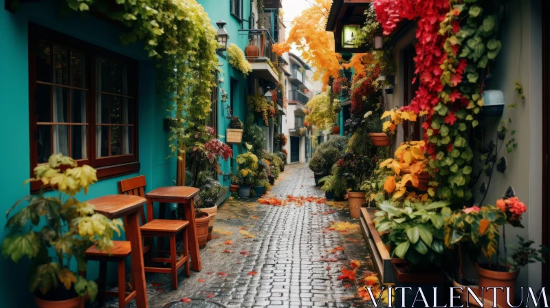 Enchanting City Street with Colorful Ivy and Seating Arrangement AI Image