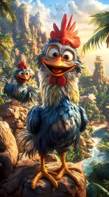 Animated Rooster on Rocky Jungle Peak