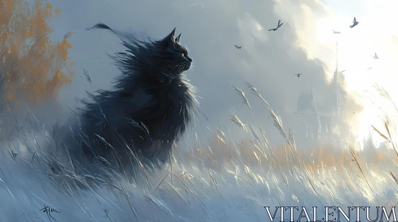 Enigmatic Cat in Sunlit Misty Field
