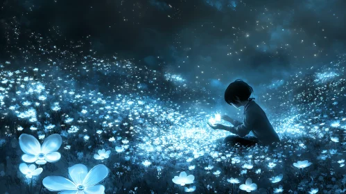 Luminous Bloom Field with Starlit Sky