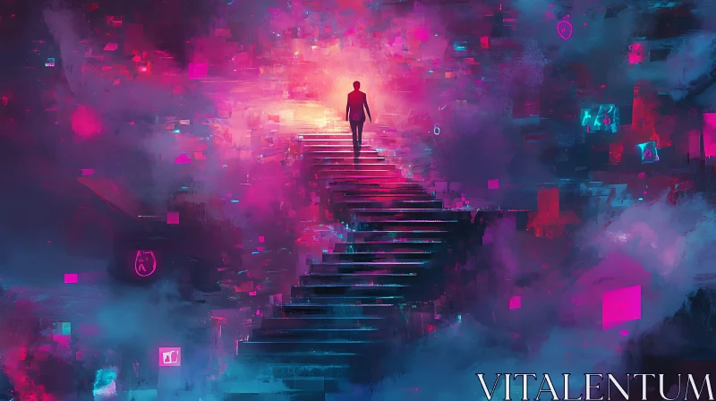 Figure Climbing Stairs in Neon Light