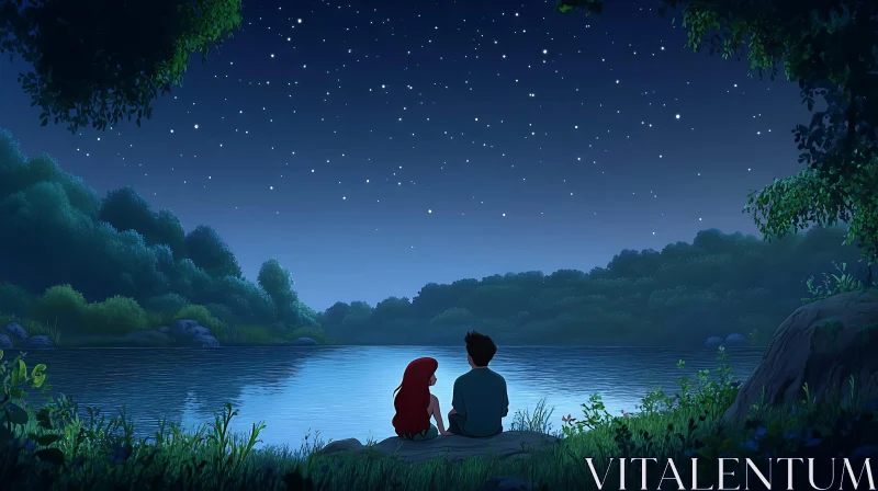 Couple Gazing at Stars by Lake