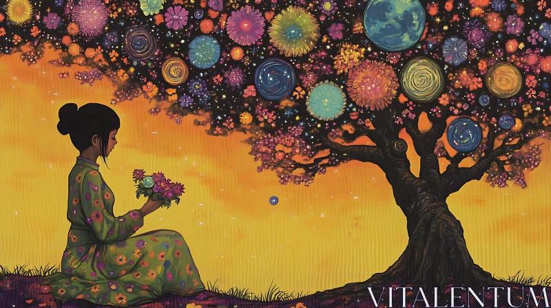 Woman Under Floral Celestial Tree