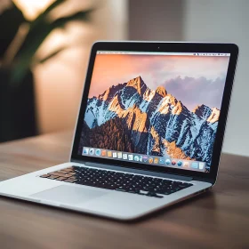 Modern Laptop Displaying Scenic Wallpaper on Workstation