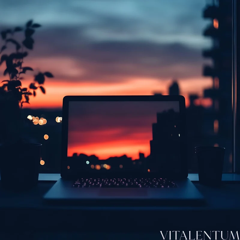 Urban Sunset Through Laptop Screen