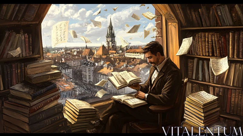 Vintage Library Scene with Man Reading AI Image