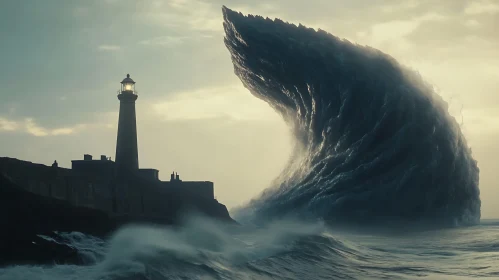 Coastal Watch: Lighthouse Against a Massive Wave