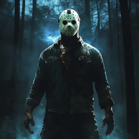 Chilling Masked Figure in Dark Woods