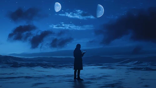 Person with Tablet under Moonlit Sky