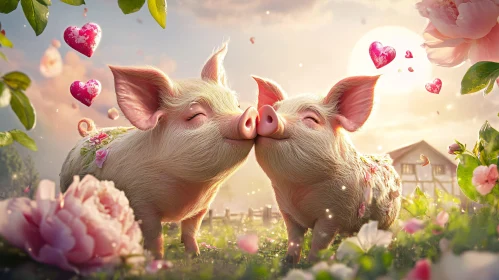 Loving Piglets with Hearts and Flowers