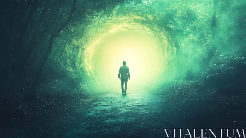 Figure Walking Towards Light in Tunnel