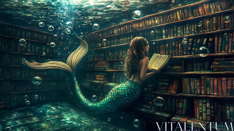 Aquatic Reader: Mermaid in Submerged Library