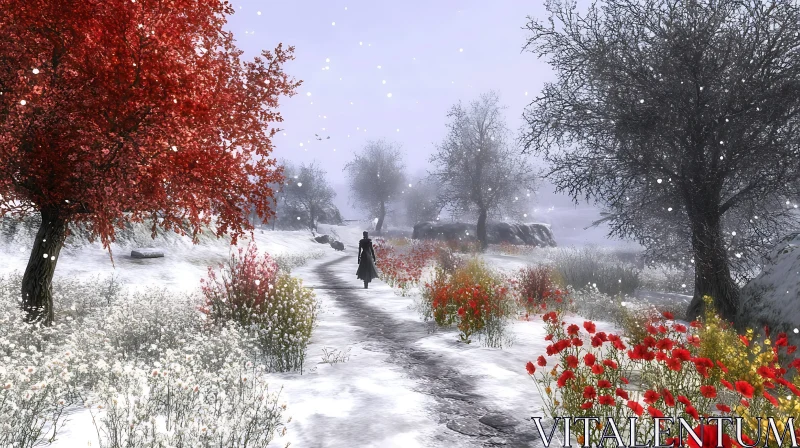 AI ART Snowy Path with Red Flowers