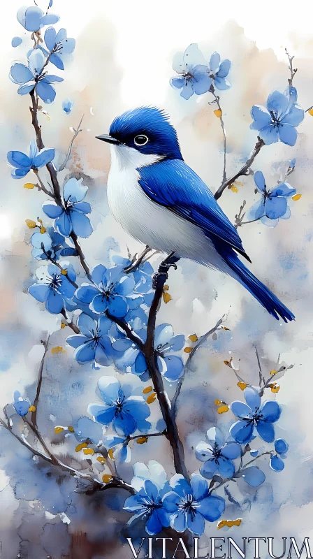 Serene Bird and Blue Flowers Illustration