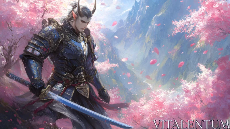 Fantasy Warrior with Sword in Floral Landscape AI Image