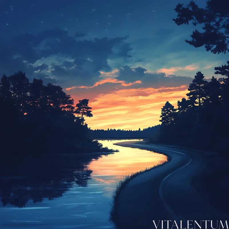 Calm River Sunset Road Scene