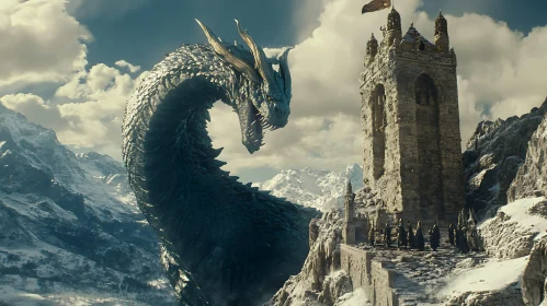 Dragon and Castle in Snowy Mountains
