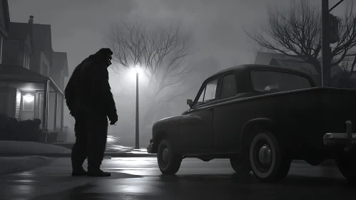 Monochrome Mystery: Sasquatch and Vintage Car
