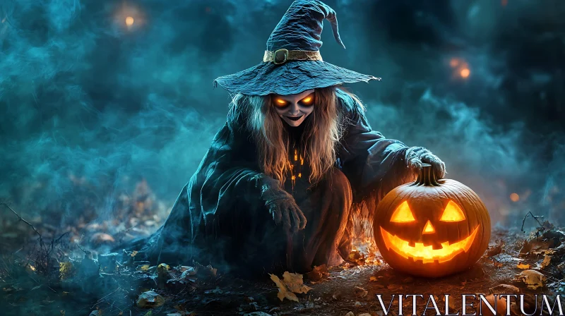 Mystical Halloween Witch with Glowing Pumpkin