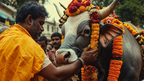 Man's Gentle Touch on a Decorated Cow