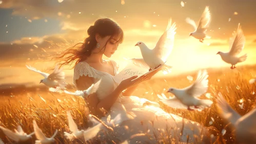 Serene Lady Reading with Doves