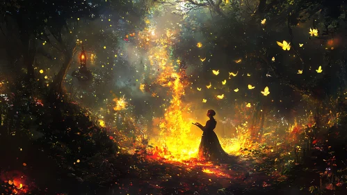 Mystical Forest Scene with Woman and Butterflies