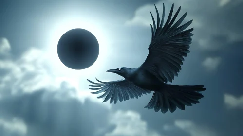Black Bird Flying During Solar Eclipse