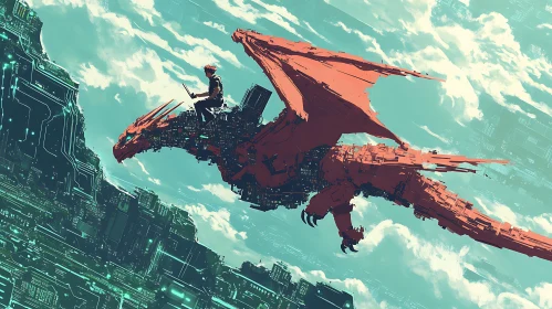 Mechanical Dragon Flight in Cyberpunk Cityscape
