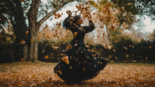 Woman in Black Dress with Autumn Leaves